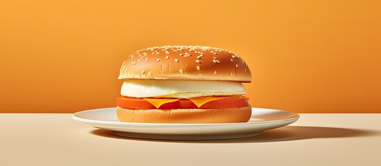 Sticker - Copy space image of a ceramic plate featuring a hamburger roll topped with an over hard fried egg set against a light background