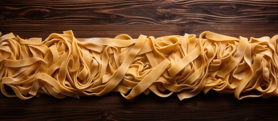 Wall Mural - A top view copy space image of uncooked fettuccine pasta lying on a wooden background prepared for cooking
