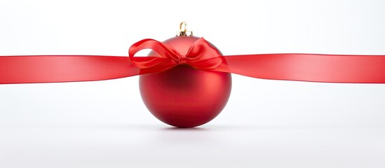 Wall Mural - A red Christmas bauble with a ribbon stands alone on a white background creating a perfect image for adding text or additional elements