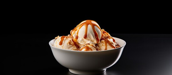 Poster - A mouthwatering homemade caramel ice cream is showcased in a white bowl providing an enticing copy space image