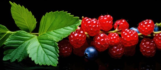 Poster - Copy space image of raspberries and red currant with green leaves set on a black background complemented by red and blue berries