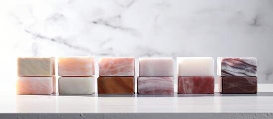 Poster - Homemade soap blocks with a marble pattern placed on a white wooden surface providing ample copy space for images