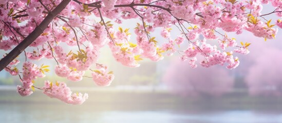 Fototapete - A cherry blossom tree is blooming in the sunny spring creating a picturesque background The image offers copy space