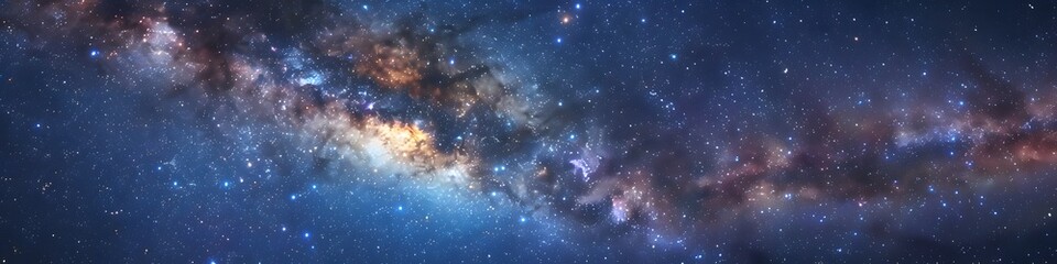 Panoramic astrophotography of visible Milky Way galaxy. Stars, nebula and stardust at night sky