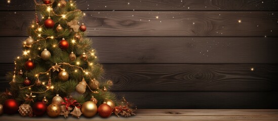 Poster - A festive Christmas fir tree adorned with decorations placed on a wooden board with empty space for other images. Creative banner. Copyspace image