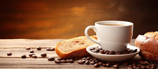 Poster - A breakfast spread with coffee slices of whole grain bread and a bun Ample copy space available