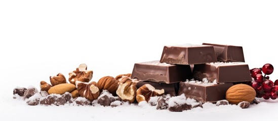 Wall Mural - A sweet Christmas image featuring chocolate and hazelnut nougat placed on a white background with copy space