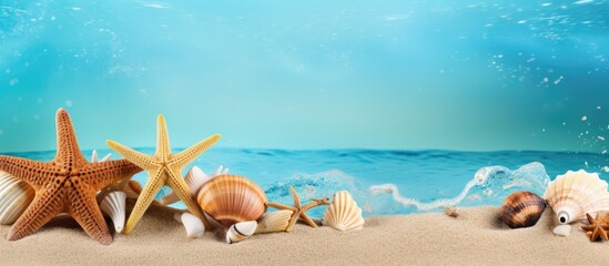 Poster - A sea themed copy space image featuring starfish and cockleshells on a vibrant background