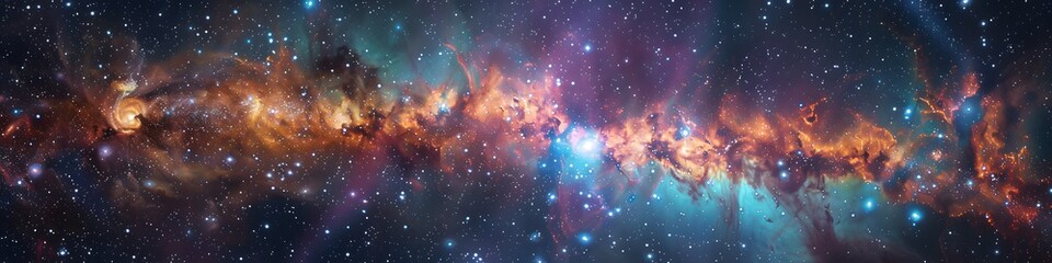 Panoramic astrophotography of visible Milky Way galaxy. Stars, nebula and stardust at night sky