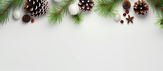 Fototapete - Top view of a Christmas background with an isolated fir tree and cone on a white background providing ample copy space for customization