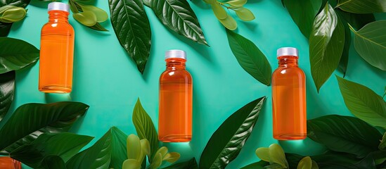 Aufkleber - Colorful background with shower gel bottles green leaves and copy space image in a flat lay composition