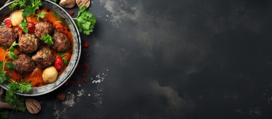 Poster - A top view of a bowl of soup containing meatballs and vegetables on a concrete background with copy space for additional images or text