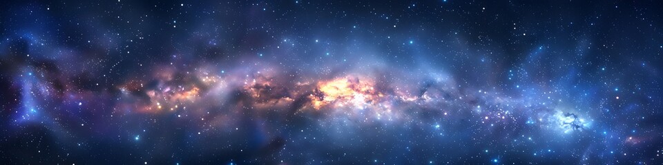 Panoramic astrophotography of visible Milky Way galaxy. Stars, nebula and stardust at night sky