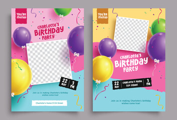 Wall Mural - Birthday invitation card vector template design. Birthday girl invitation template with blank space for celebrant picture poster collection. Vector illustration birthday card template.
