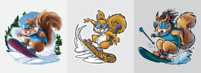 Sticker - Squirrel snowboards down snowy hill vector, Generative AI