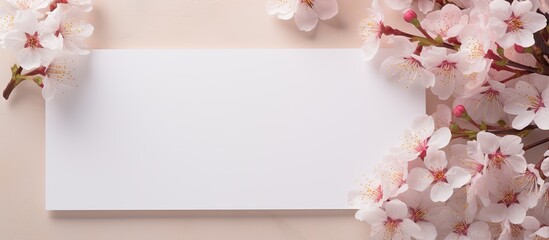 Poster - A top view copy space image of a blank card and a cherry blossom placed on a beige background for a mockup
