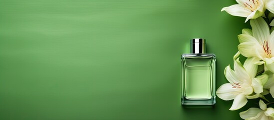 Poster - Green background with a bottle of perfume arranged in a flat lay composition providing ample copy space for text