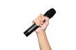 © MJ iceberg - Close-up of a human hand holding a black wireless microphone on white background. Concept of public speaking, performance, singing, podcasting, or broadcasting. High-resolution studio shot.