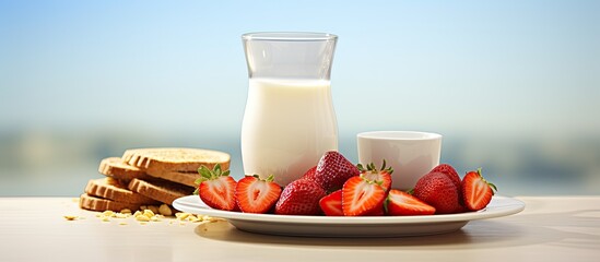 Copy space image of a nutritious breakfast featuring toast orange juice cereal milk yogurt and strawberries