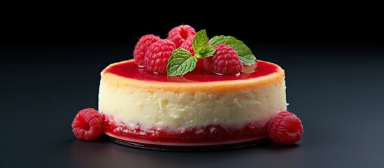 Poster - Close up view of a mini round raspberry cheesecake with copy space image