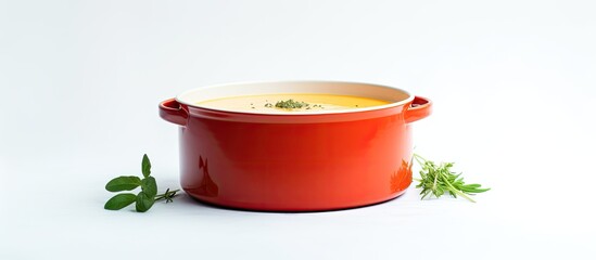 Canvas Print - A copy space image of cream of carrot soup beautifully presented in a red pot sitting on a pristine white countertop