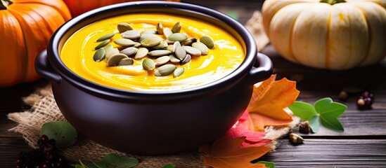 Aufkleber - Autumn themed vegan pumpkin cream soup with plant based cream and seeds set against a background of oak leaves Copy space image