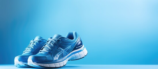 Canvas Print - A vibrant blue background holds a copy space image showcasing sport shoes symbolizing the concept of fostering good health