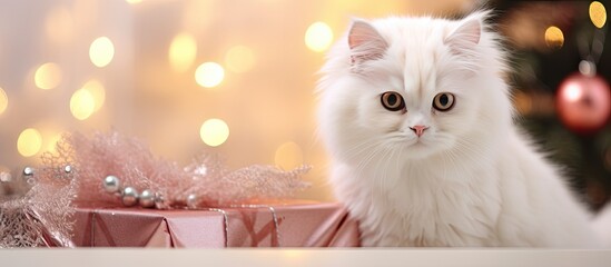 Wall Mural - A cute white little cat is peacefully sitting beside a Christmas decoration in the photograph creating a charming copy space image