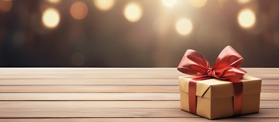 Poster - A copy space image featuring a gift box with a bow placed on top of wooden background planks
