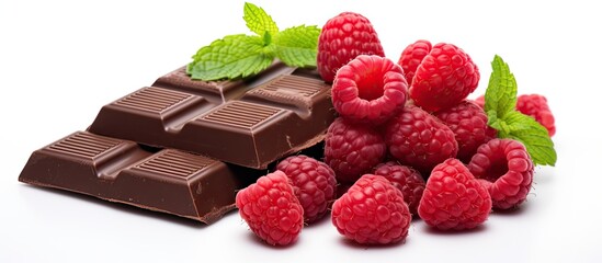 Leinwandbilder - Copy space image of dark chocolate with raspberries on a white backdrop