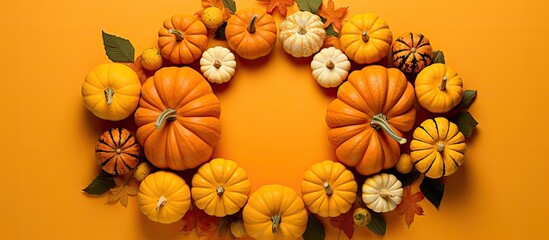 Poster - Copy space image featuring pumpkins and gourds arranged in a circular pattern against an orange backdrop