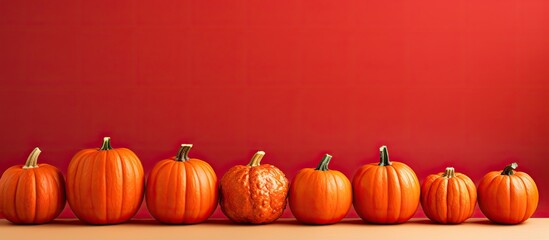 Poster - A copy space image featuring small pumpkins arranged on a vibrant red surface