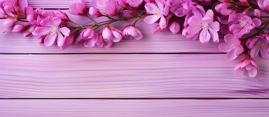 Aufkleber - A copy space image of vibrant purple flowers against a pastel bright pink wooden backdrop representing the essence of spring and summer
