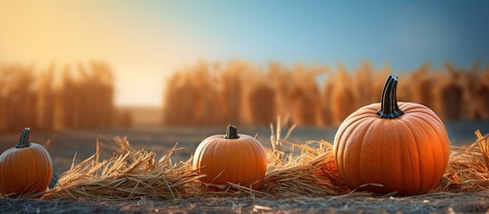 Poster - In the daylight pumpkins sit atop haystacks creating a picturesque scene with spaciousness for text or graphics. Creative banner. Copyspace image