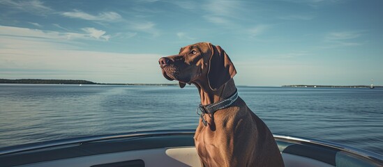 Sticker - A plott hound with a brindle coat stands on a boat surrounded by the tranquil waters A perfect copy space image