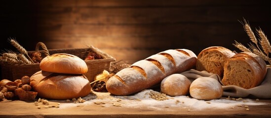 Poster - A copy space image of a homemade whole grain bread and other breakfast food ornaments displayed at a traditional bakery