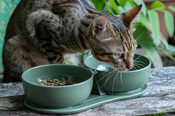 Cat s green water and food bowls