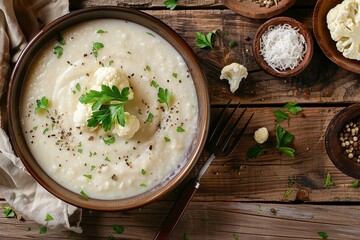 Cauliflower soup in a bowl on a wooden table from above