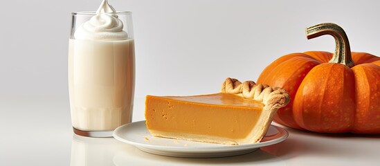 Poster - Copy space image of a delectable pumpkin pie with a side of milk showcased on a light background providing ample room for text