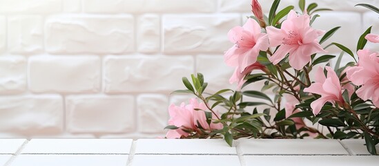Aufkleber - A pink nerium oleander twig with beautiful blooms against a backdrop of white bricks Ample space available for adding text
