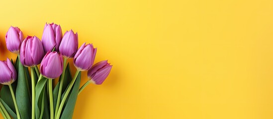 Poster - A copy space image of a vibrant bouquet of purple tulips on a bright yellow background perfect for any occasion