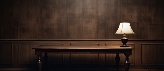 Poster - Dark room with a wooden table featuring a glowing lamp providing ample copy space image