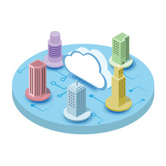 Wall Mural - isometric illustration of cloud computing and buildings