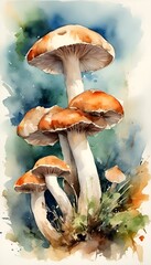 Sticker - Group of mushrooms on a green background in a painting, AI-generated.