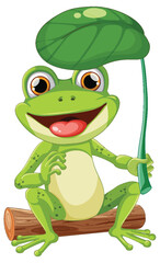 Sticker - Vector illustration of a happy frog under a leaf