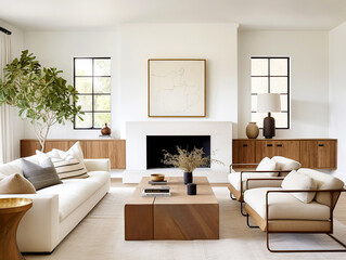 Two chairs and sofa near fireplace. French country interior design of modern living room.