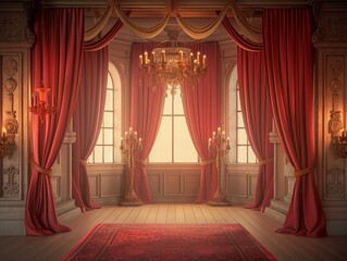 Sticker - Luxurious room with red curtains and chandelier