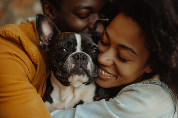 Wall Mural - Generated with ai image of a beautiful cheerful loving couple hugging pet at home together