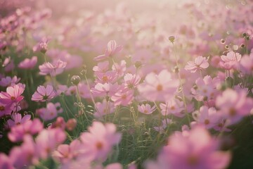 pink cosmos flowers were in full bloom, growing wild on the grassy ground of an english garden