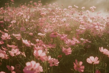 Wall Mural - Pink cosmos flowers were in full bloom, growing wild on the grassy ground of an English garden